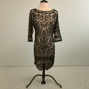 Catherine Malandrino Black Devore Burnout Mesh Overlay Nude Slip Dress Size M